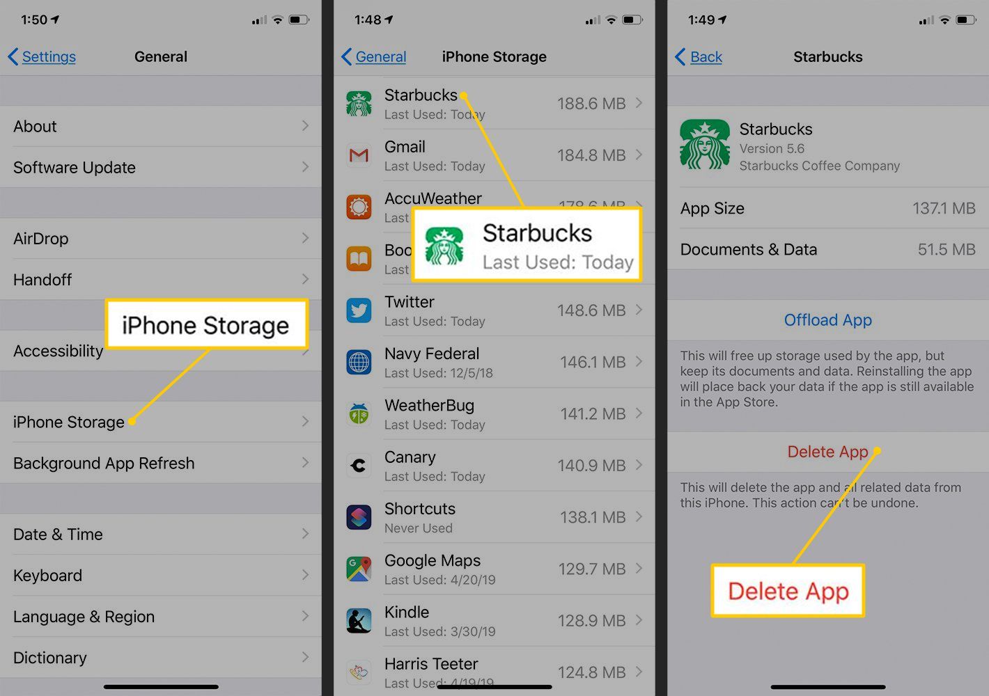 Хранение iPhone, приложение Starbucks, кнопки «Удалить приложение» в настройках iOS