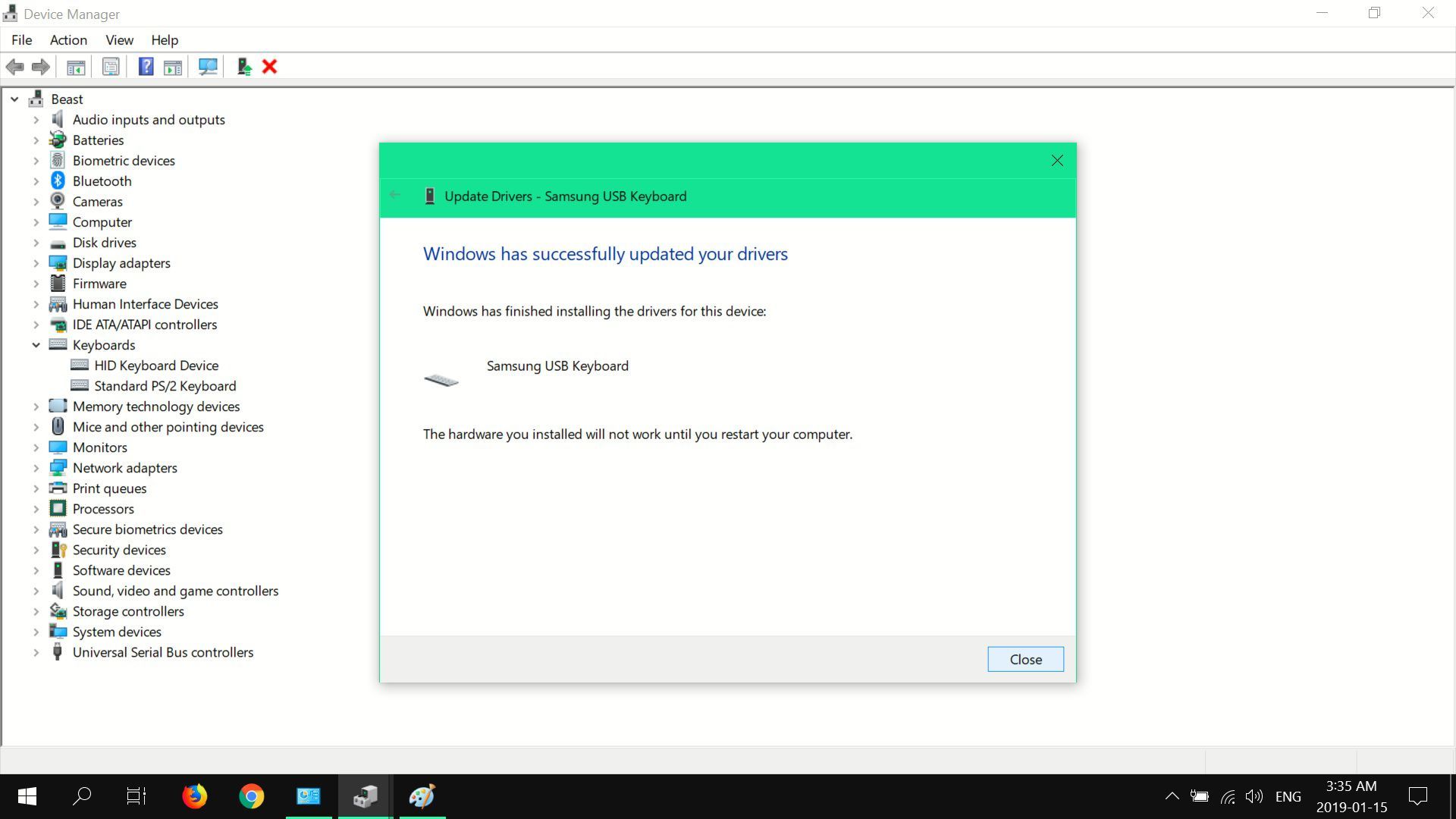 Скриншот, подтверждающий установку драйвера в Windows 10.