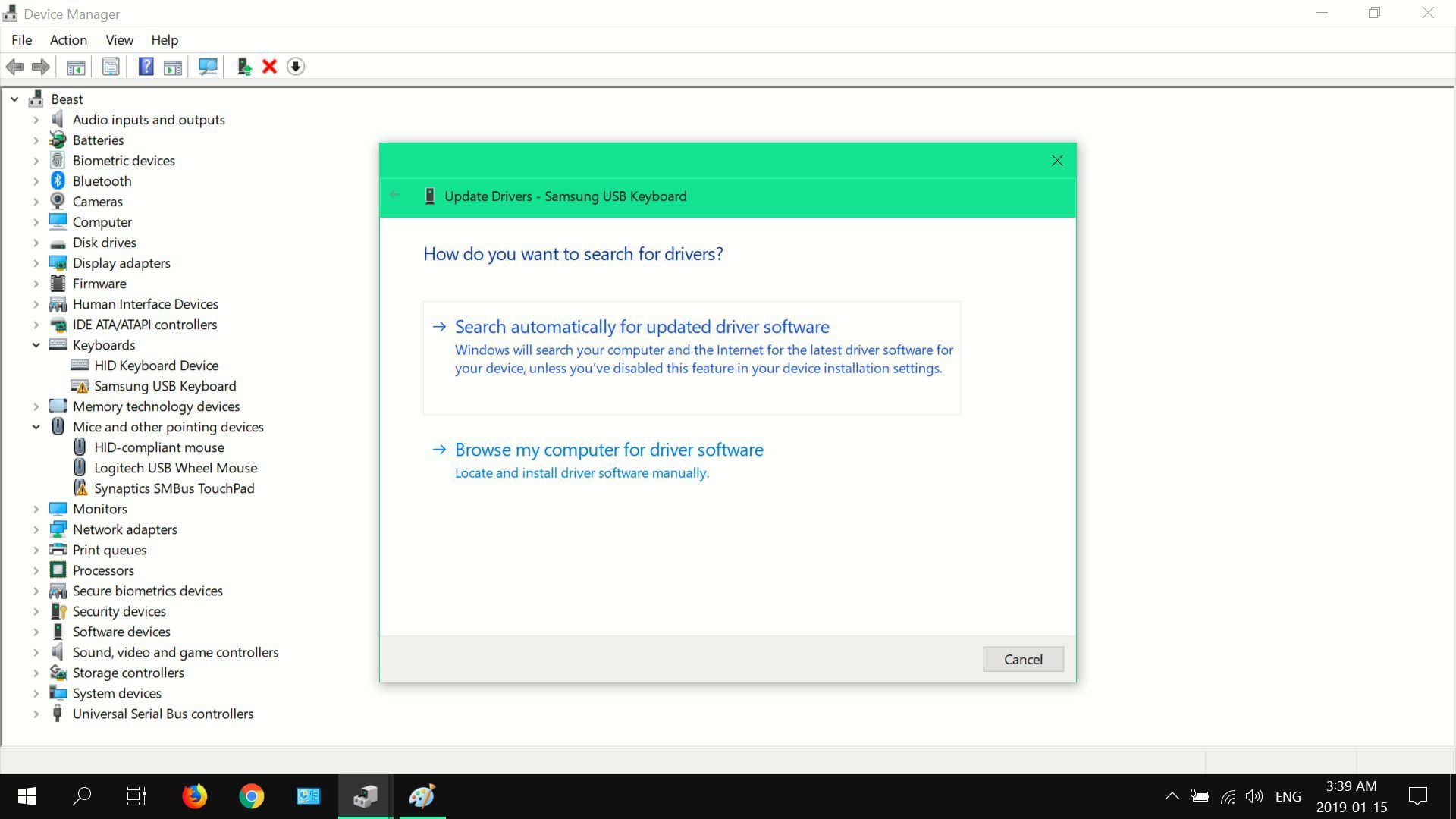 Снимок экрана с вариантами установки драйвера для Windows 10.