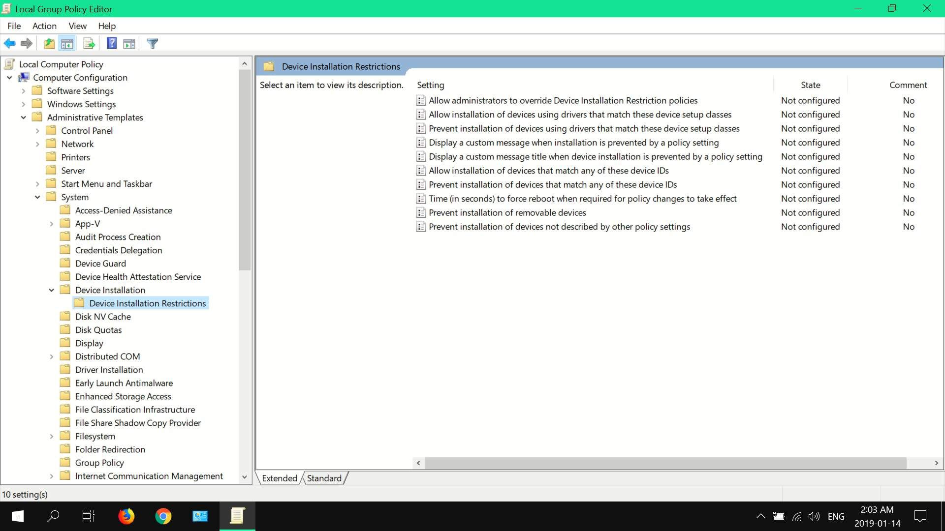 Снимок экрана редактора локальной групповой политики в Windows 10 Pro.