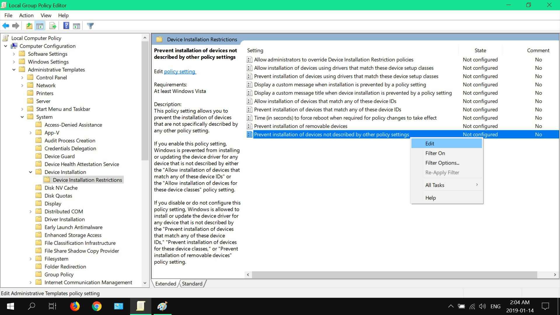 Снимок экрана, показывающий параметры ограничения установки устройства в редакторе групповой политики Windows 10