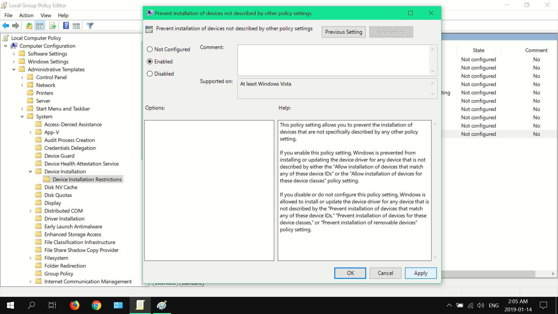 Снимок экрана, на котором показано изменение групповой политики в Windows 10 Professional.