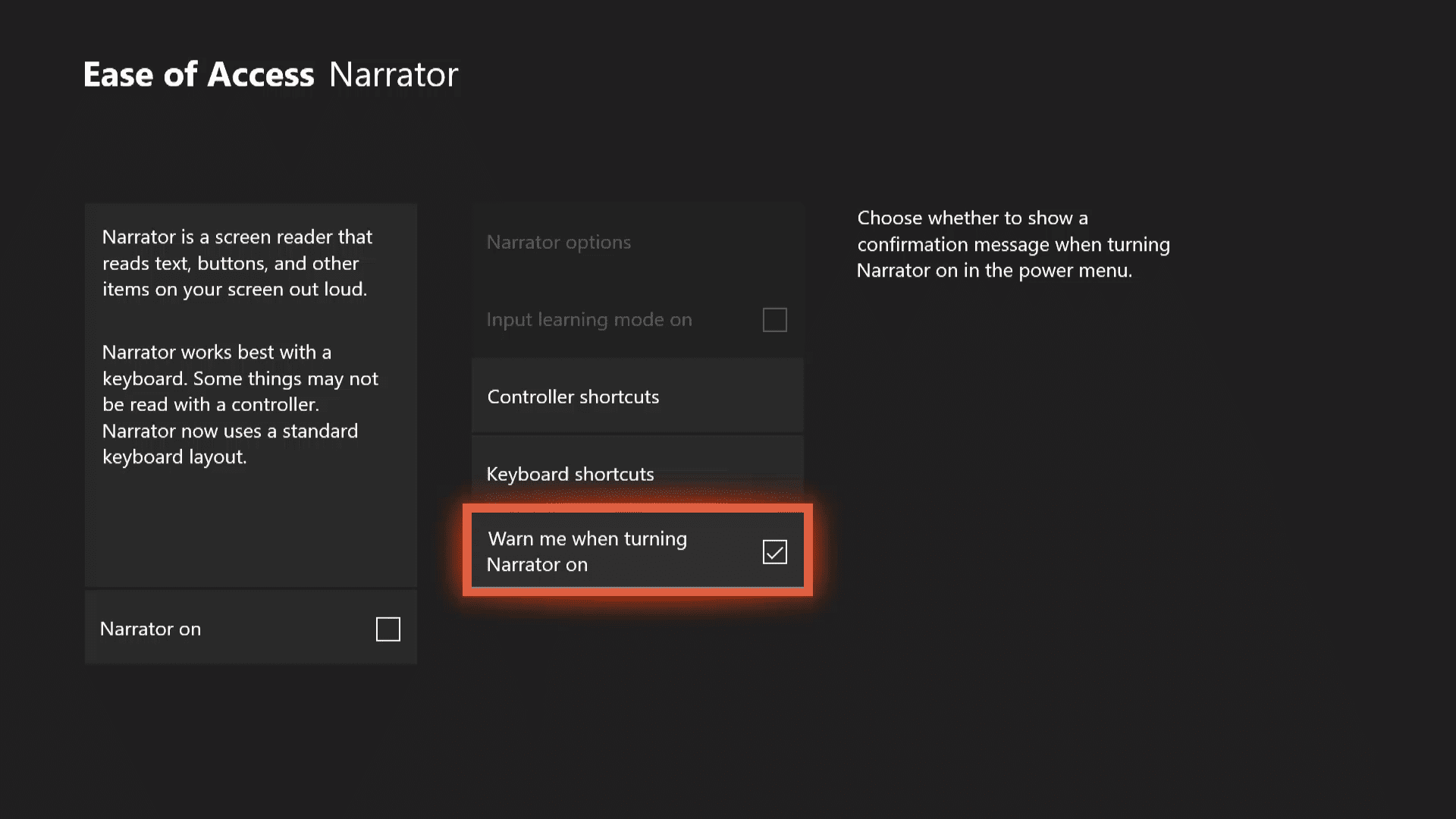 Скриншот Xbox One легкого доступа к меню рассказчика.