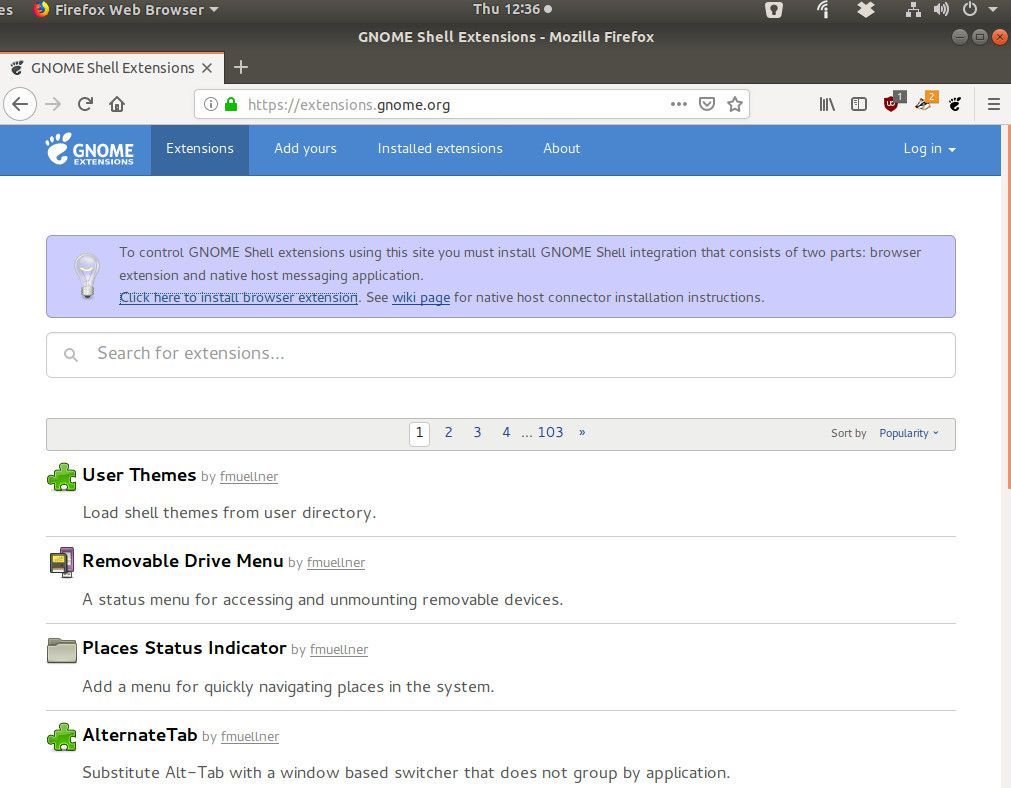 Снимок экрана установки расширения браузера GNOME.