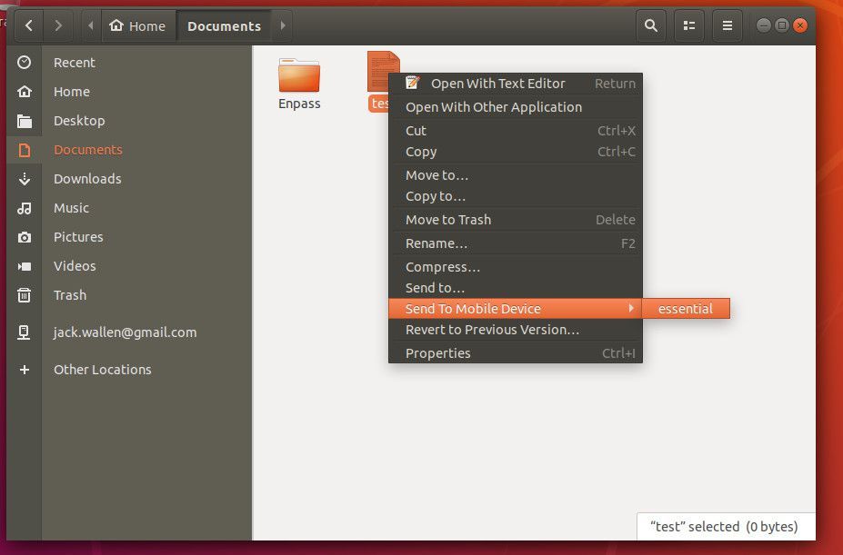 Скриншот отправки файла из Linux в Android.
