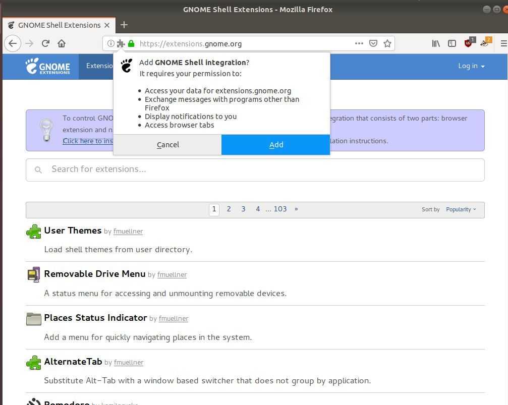 Снимок экрана добавления расширения оболочки GNOME.