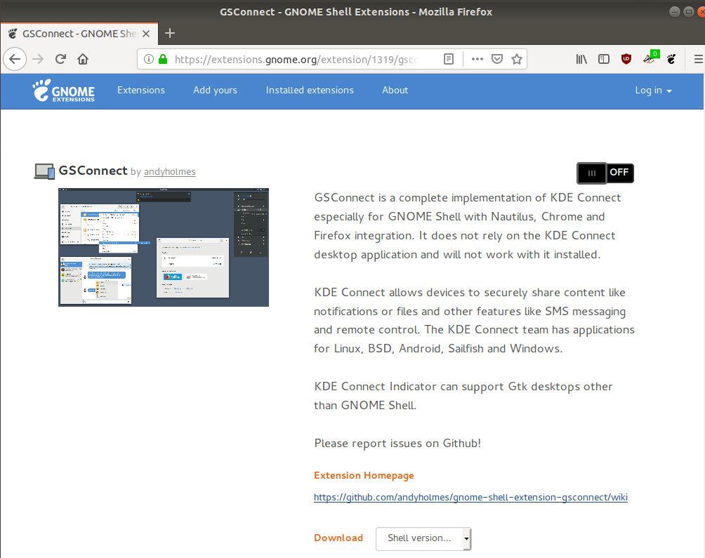 Снимок экрана установки GSConnect в GNOME.