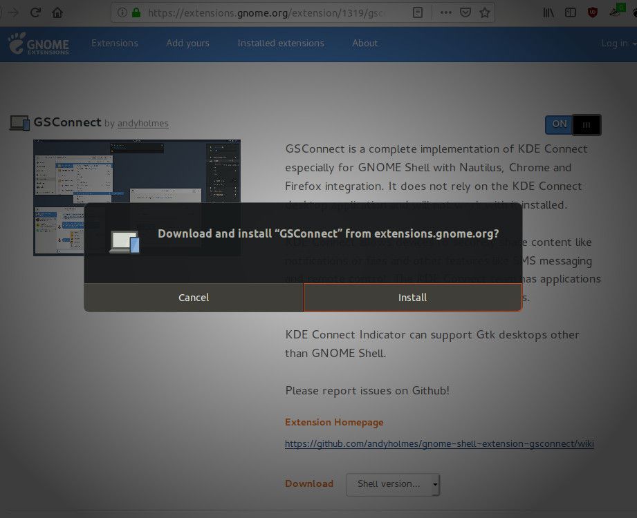 Снимок экрана с приглашением Установить для установки расширения GSConnect.