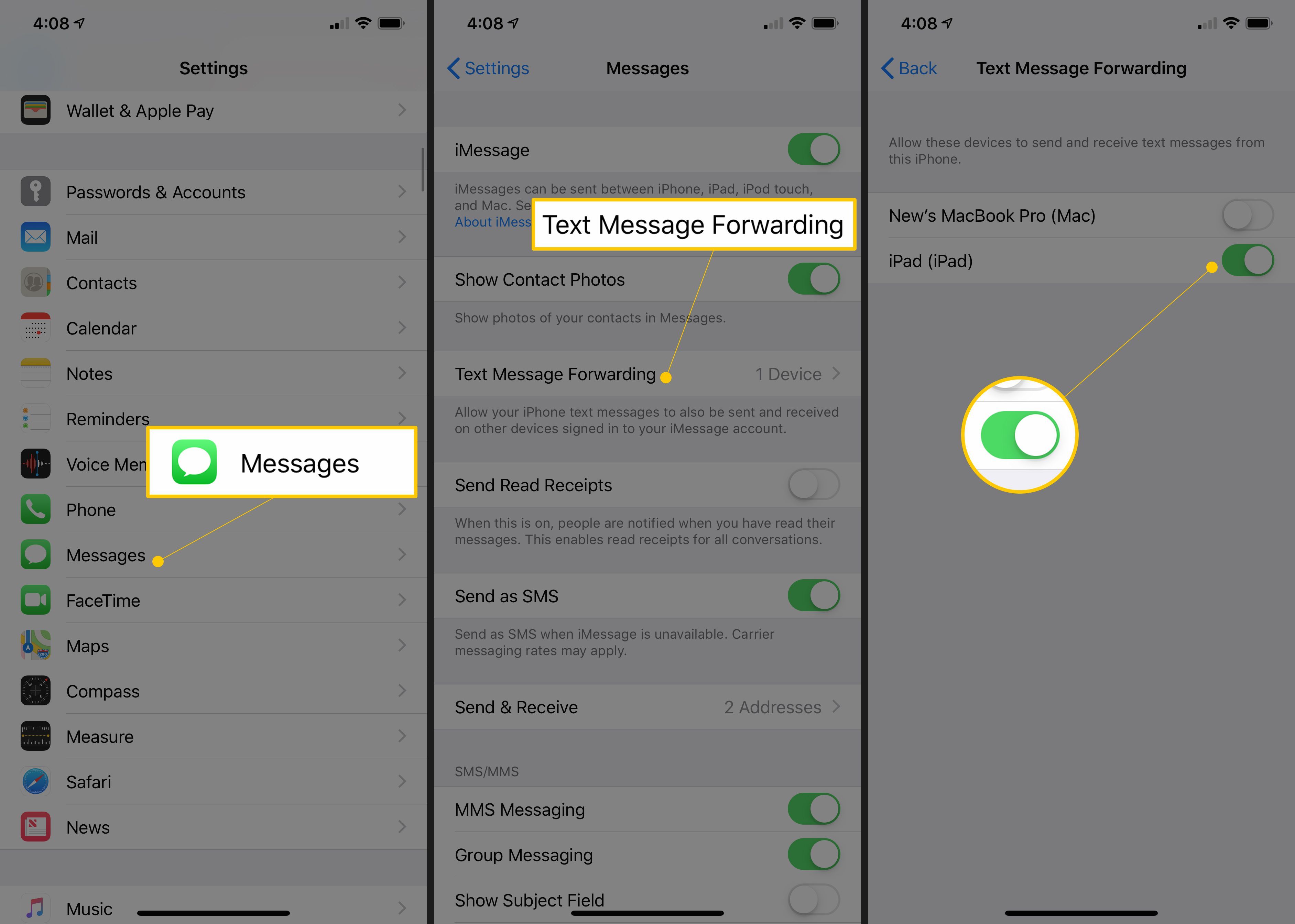 На трех экранах iOS отображается значок «Сообщения», «Пересылка текстовых сообщений» и «iPad»