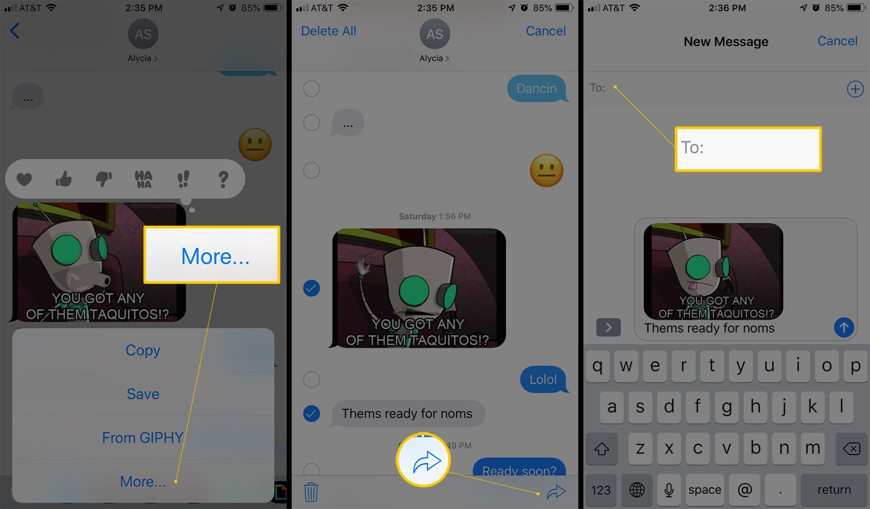 Три экрана iOS с кнопками «Дополнительно» и «Поделиться» и полем «Кому» при пересылке iMessage