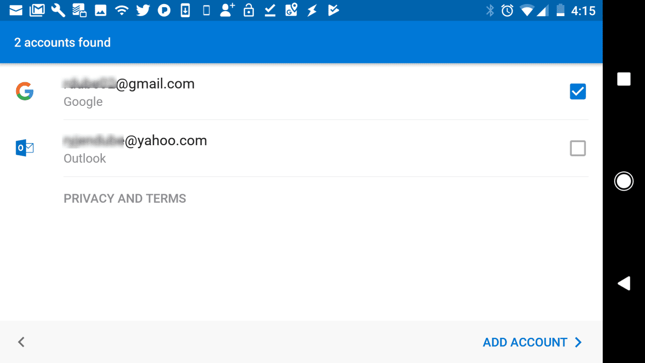 Снимок экрана экрана мобильных учетных записей Outlook