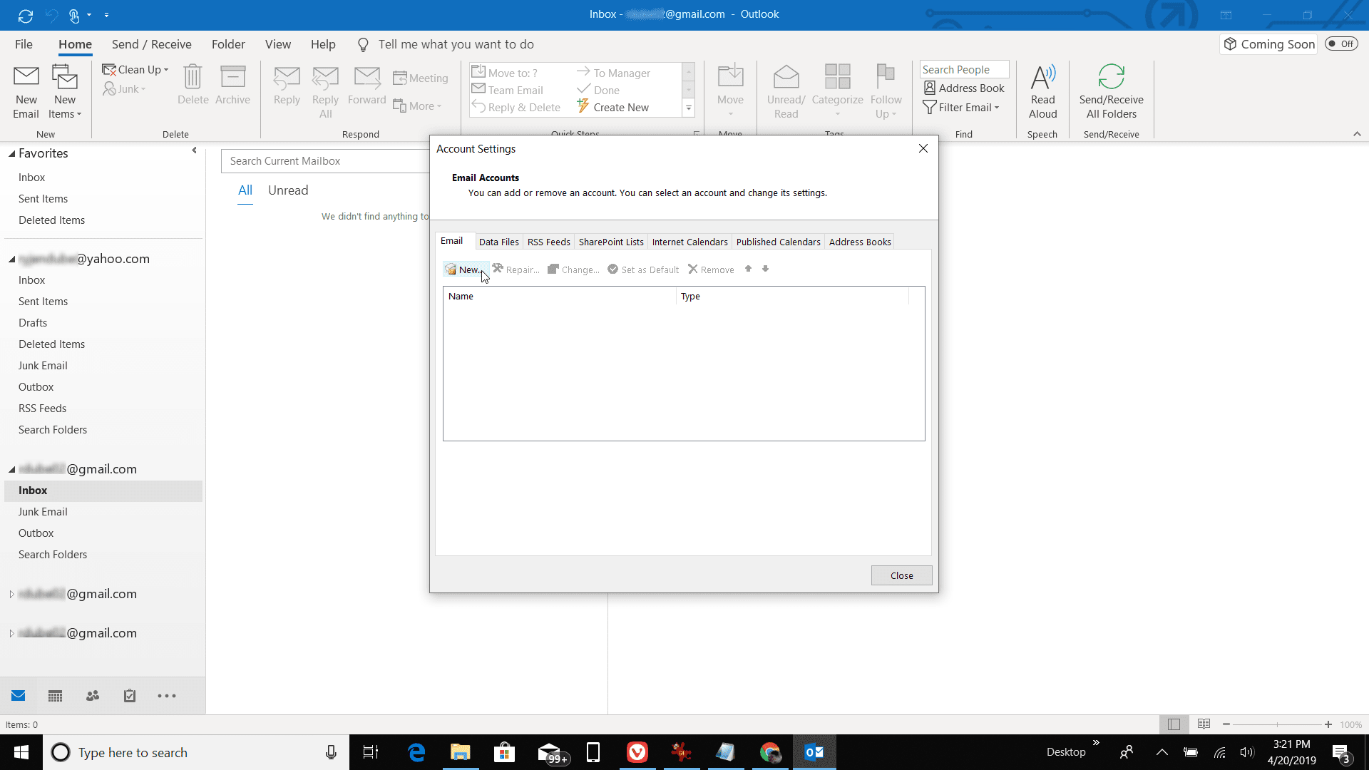 Снимок экрана добавления новой учетной записи электронной почты в Outlook