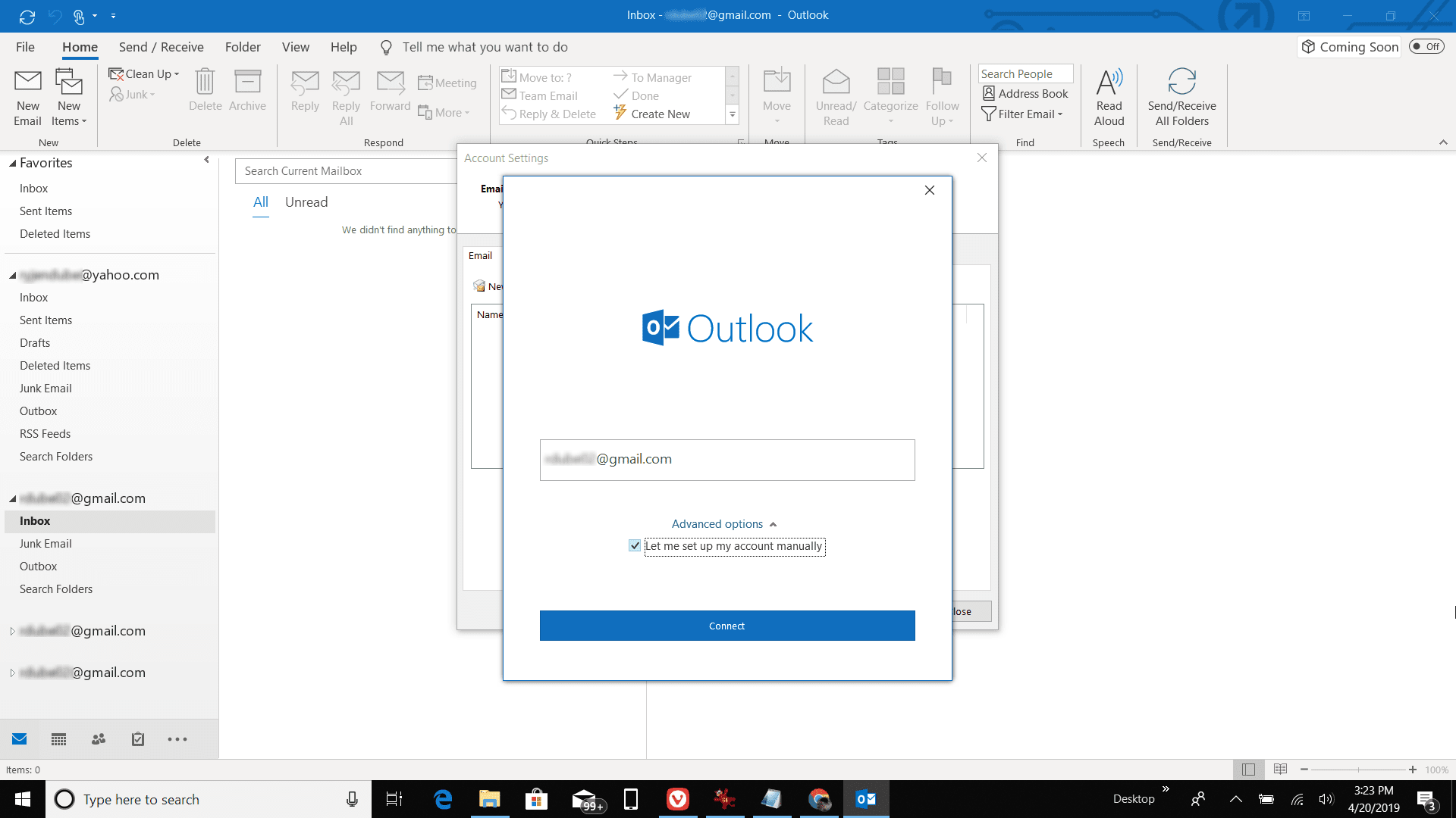 Снимок экрана добавления новой учетной записи POP для gmail в Outlook