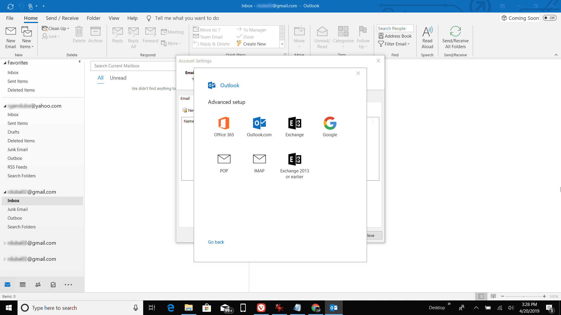 Снимок экрана выбора POP из параметров электронной почты в Outlook