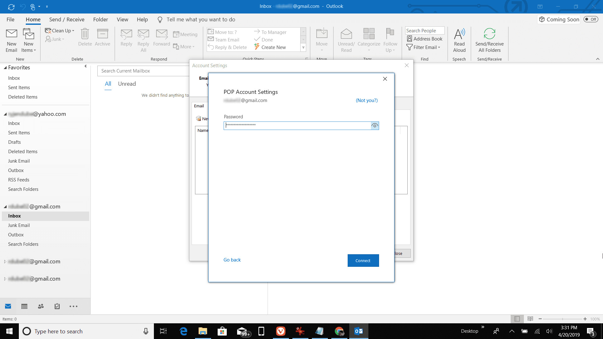 Снимок экрана ввода пароля учетной записи POP в Outlook