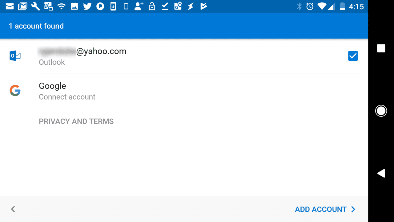 Снимок экрана запуска приложения Outlook на Android