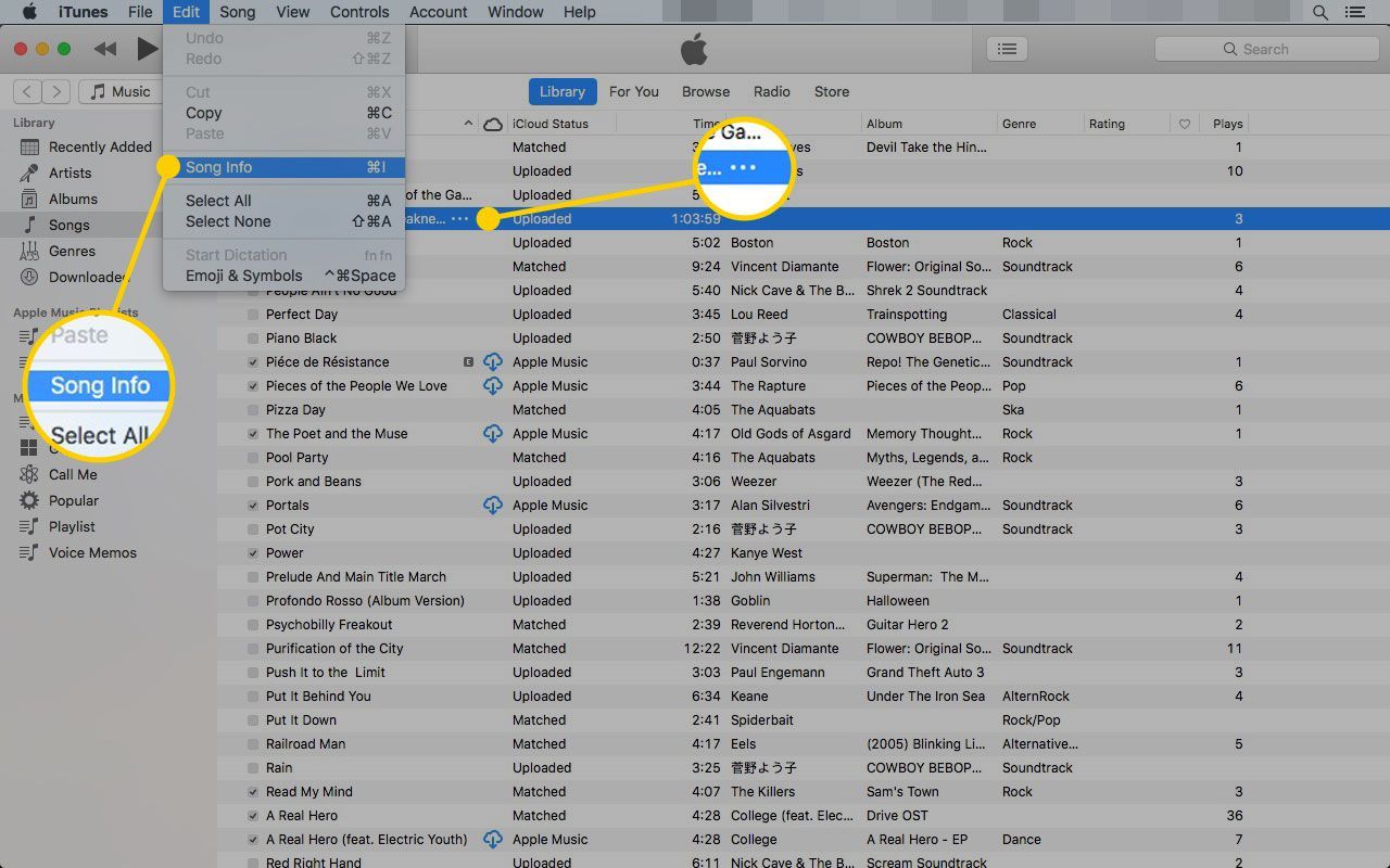 iTunes на Mac с выделенной опцией Song Info в меню Edit.