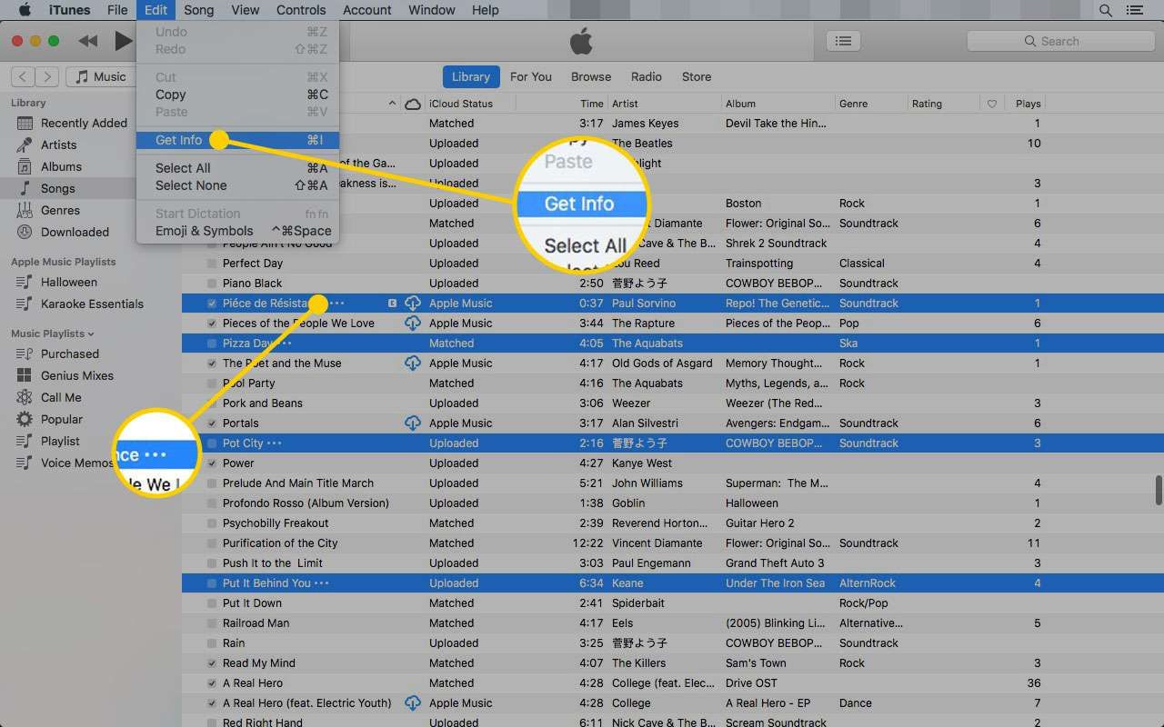 iTunes на Mac с выделенной опцией Get Info в меню Edit
