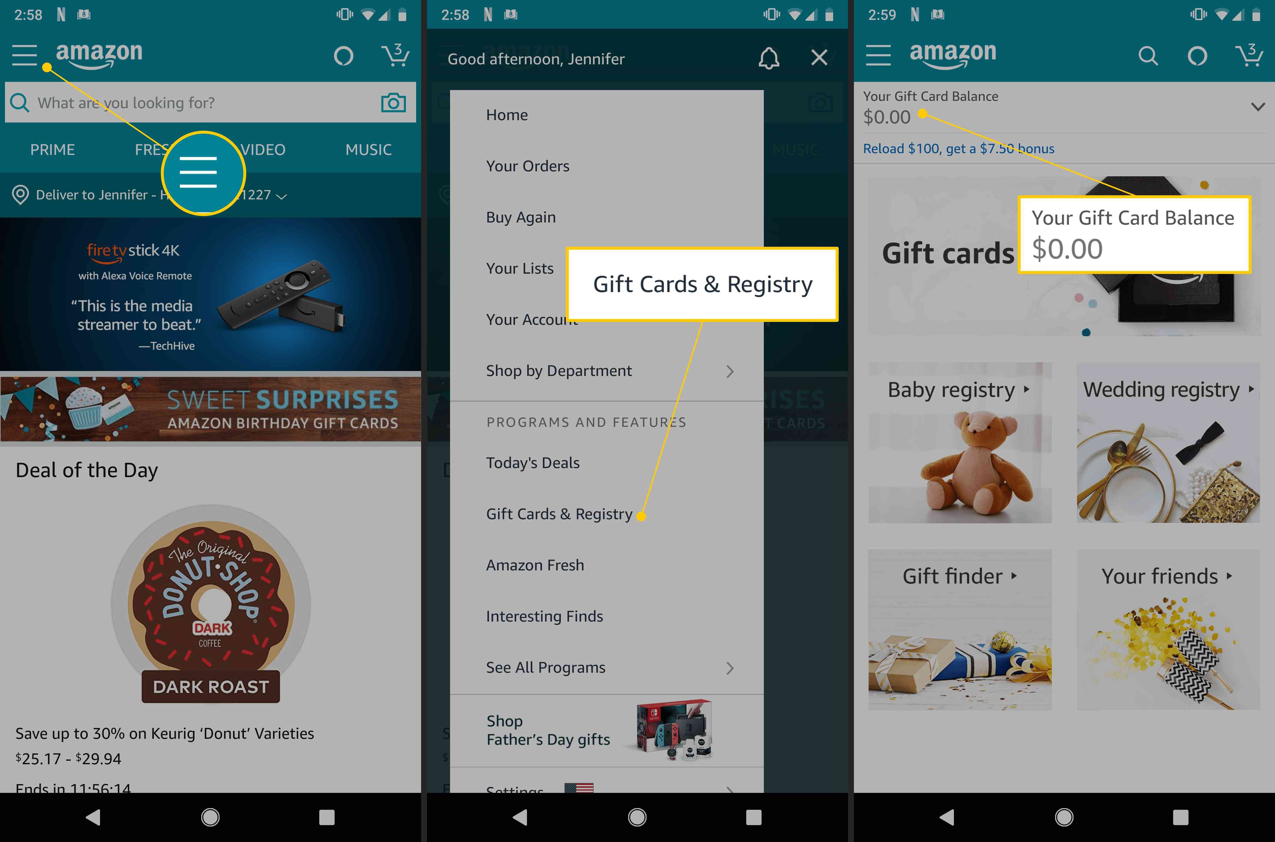 Мобильное приложение Amazon's Menu button, Gift Cards & Registry button, and Your Gift Card Balance