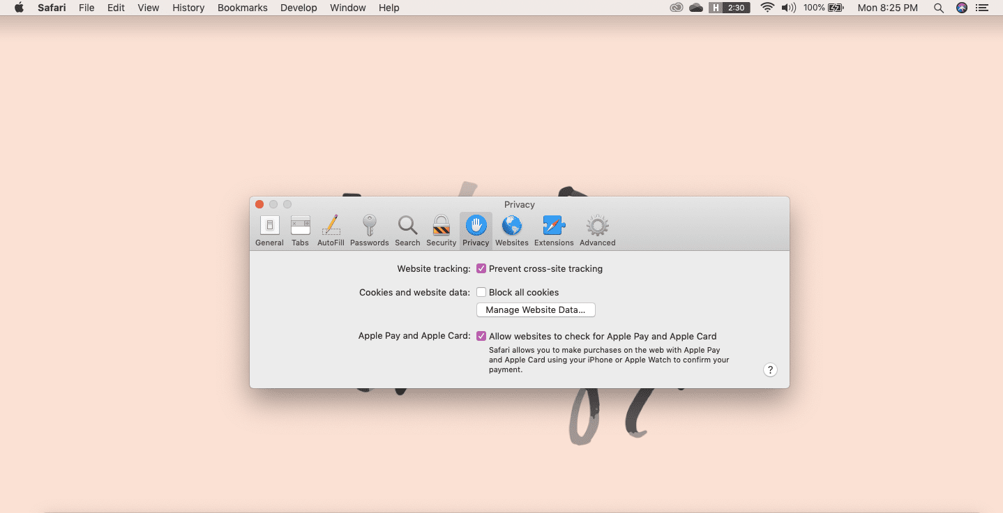 Настройки конфиденциальности в Safari на Mac