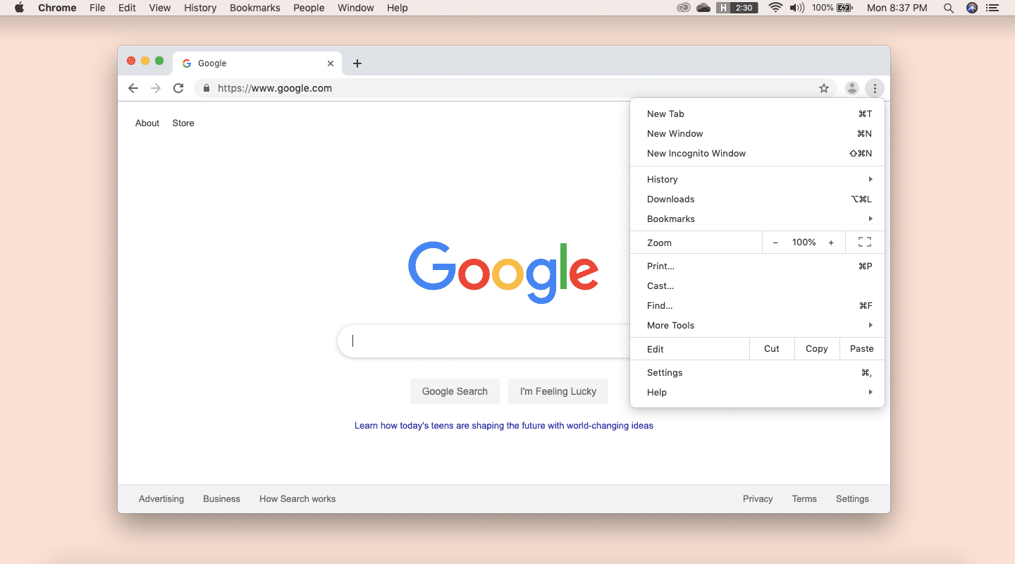 Еще меню в Google Chrome на Mac