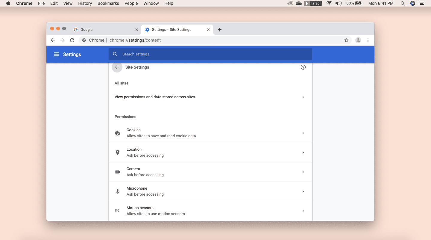 Настройки конфиденциальности и безопасности в Google Chrome на Mac