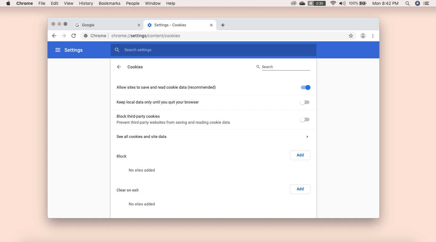Настройки файлов cookie в Google Chrome на Mac