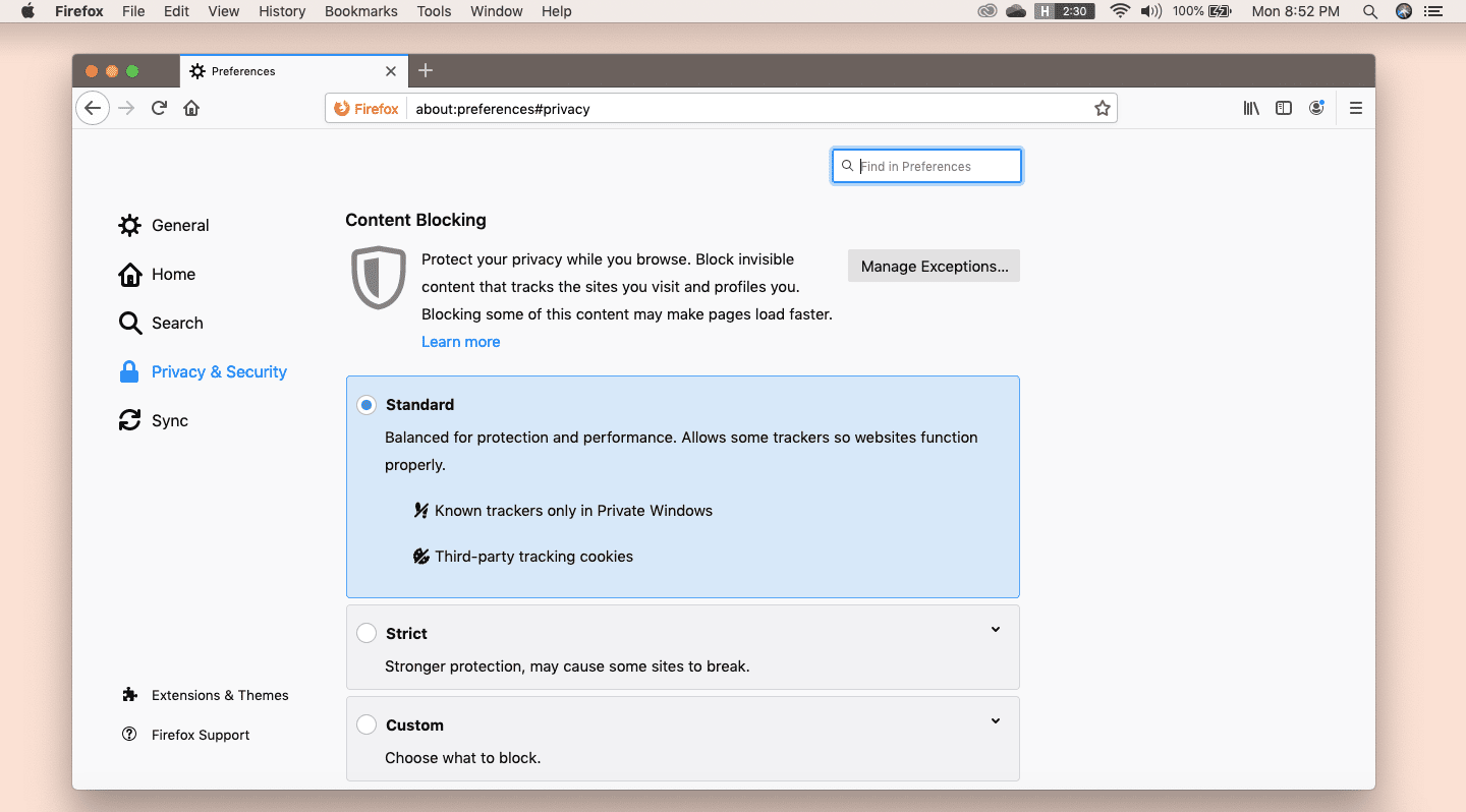 Настройки блокировки контента в Firefox на Mac