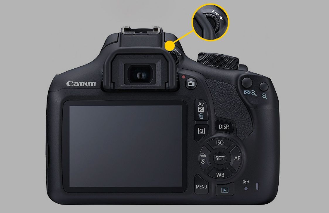 Цифровая зеркальная камера Canon с указанием расположения диоптрийной настройки.