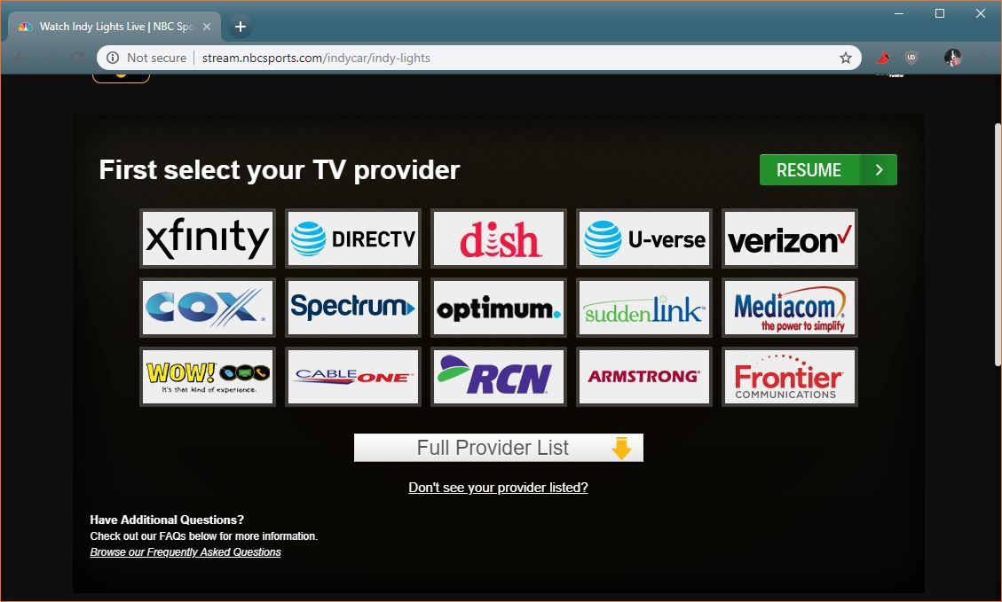 Скриншот экрана выбора провайдера NBC Sports TV.
