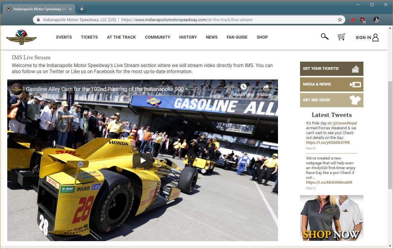 Скриншот официального IMS Live Stream из Indy 500.
