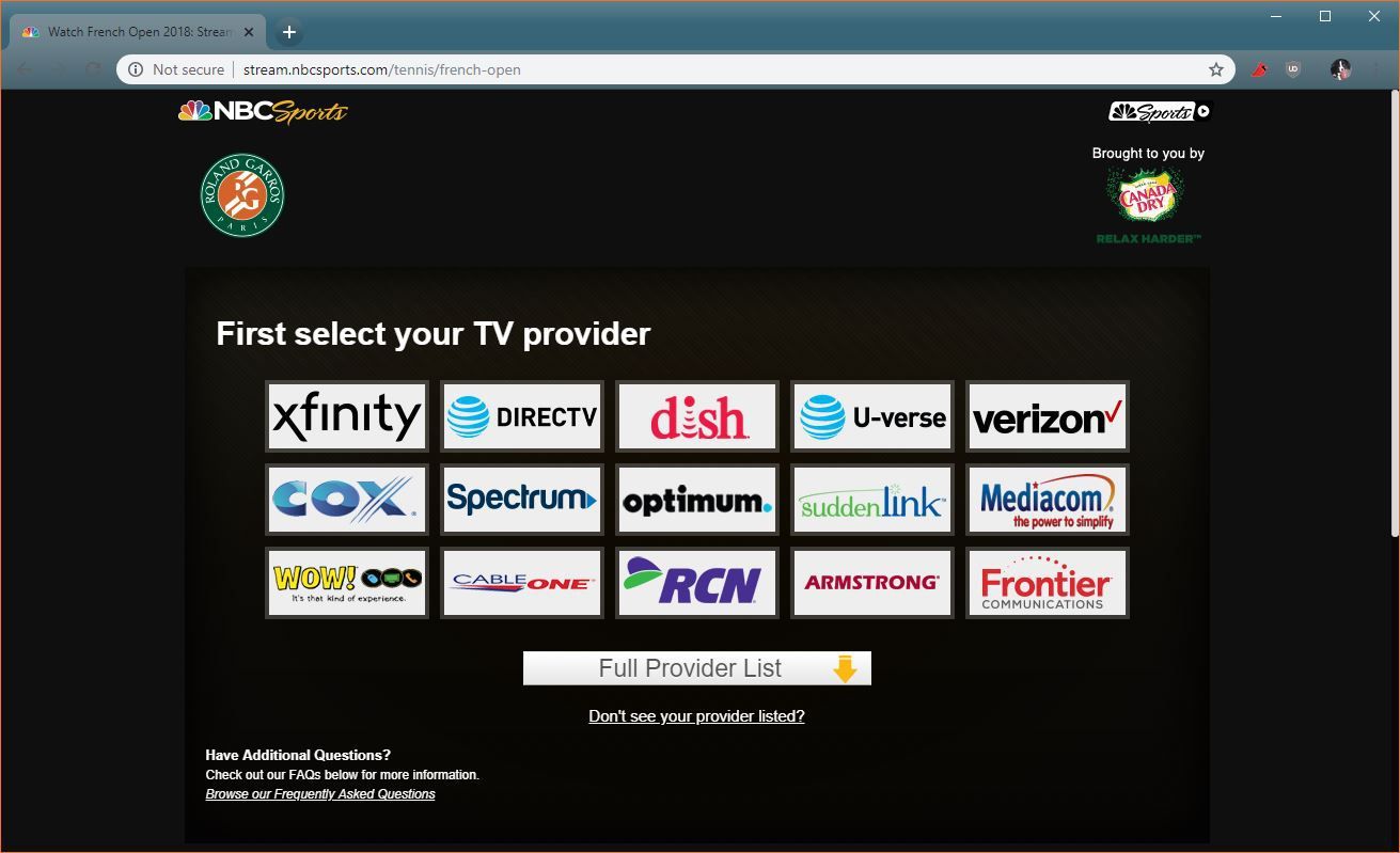 Скриншот сайта выбора провайдера NBC Sports.
