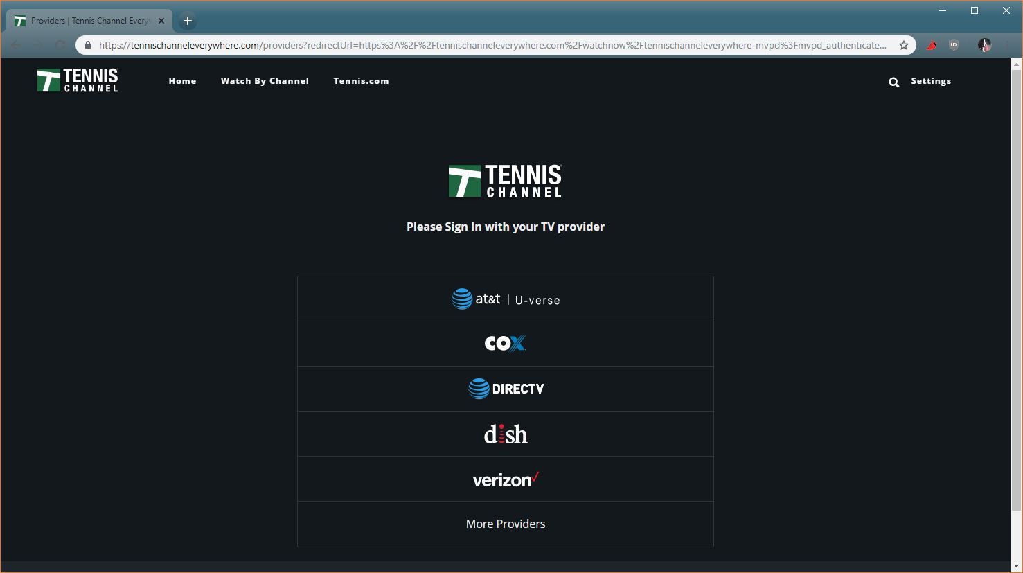 Скриншот страницы выбора поставщика Теннисного канала.