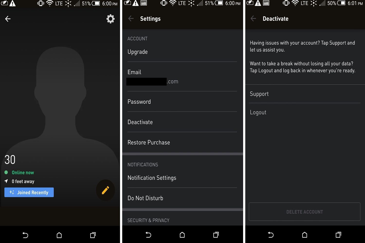 Три мобильных снимка экрана, на которых показаны три разных действия по удалению учетной записи и профиля Grindr с помощью устройства Android.