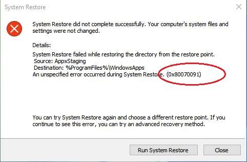 System Restore Error 0x80070091 on Windows 10 