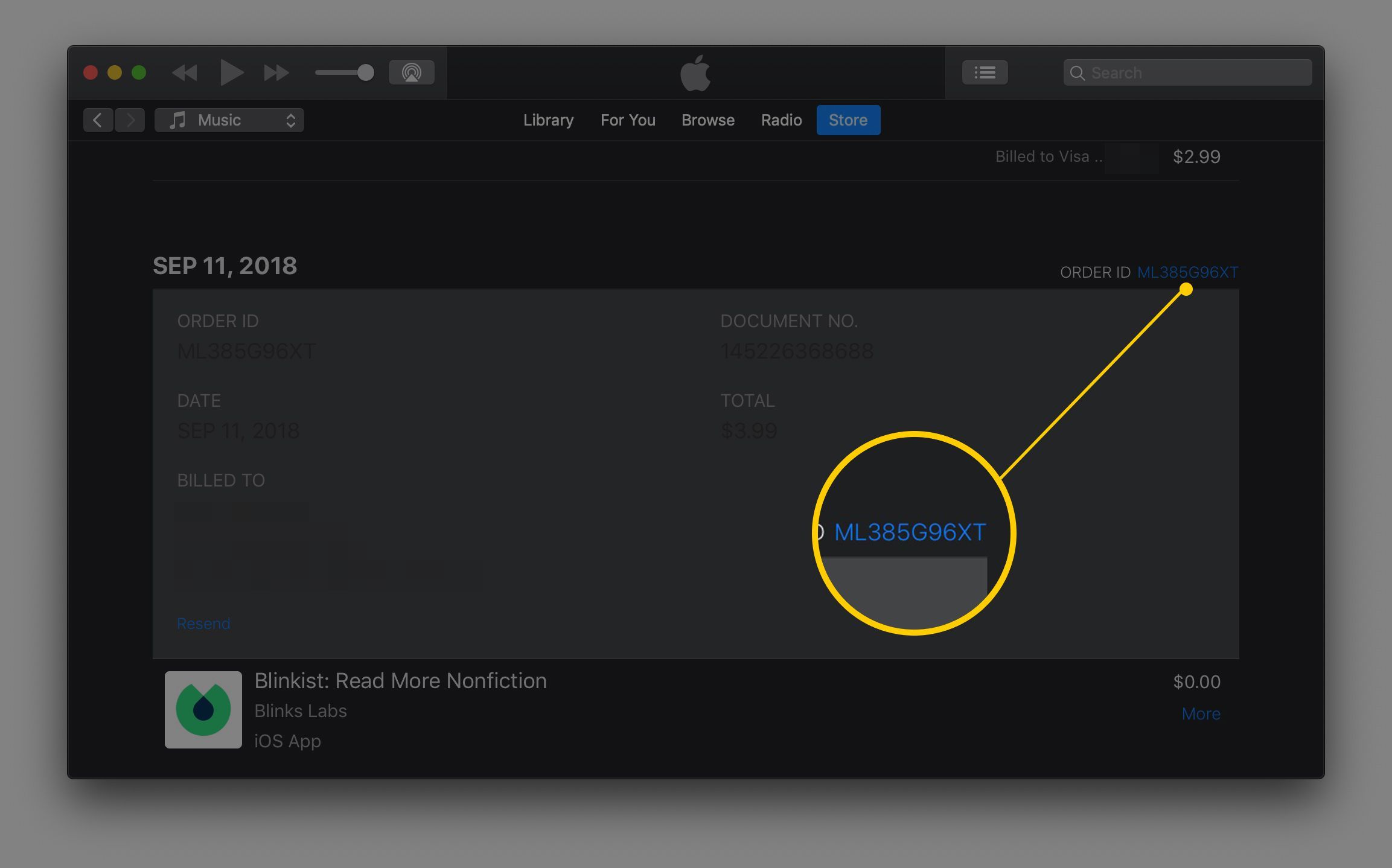 Скриншот ссылки заказа в темном режиме iTunes macOS