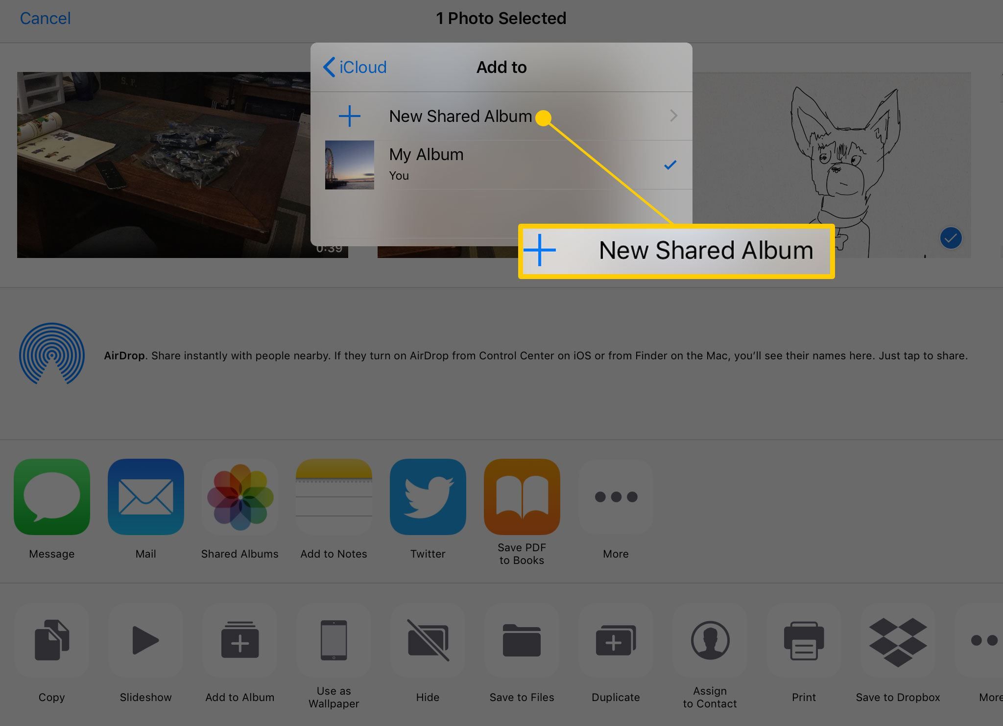 Создание нового общего альбома на iPad