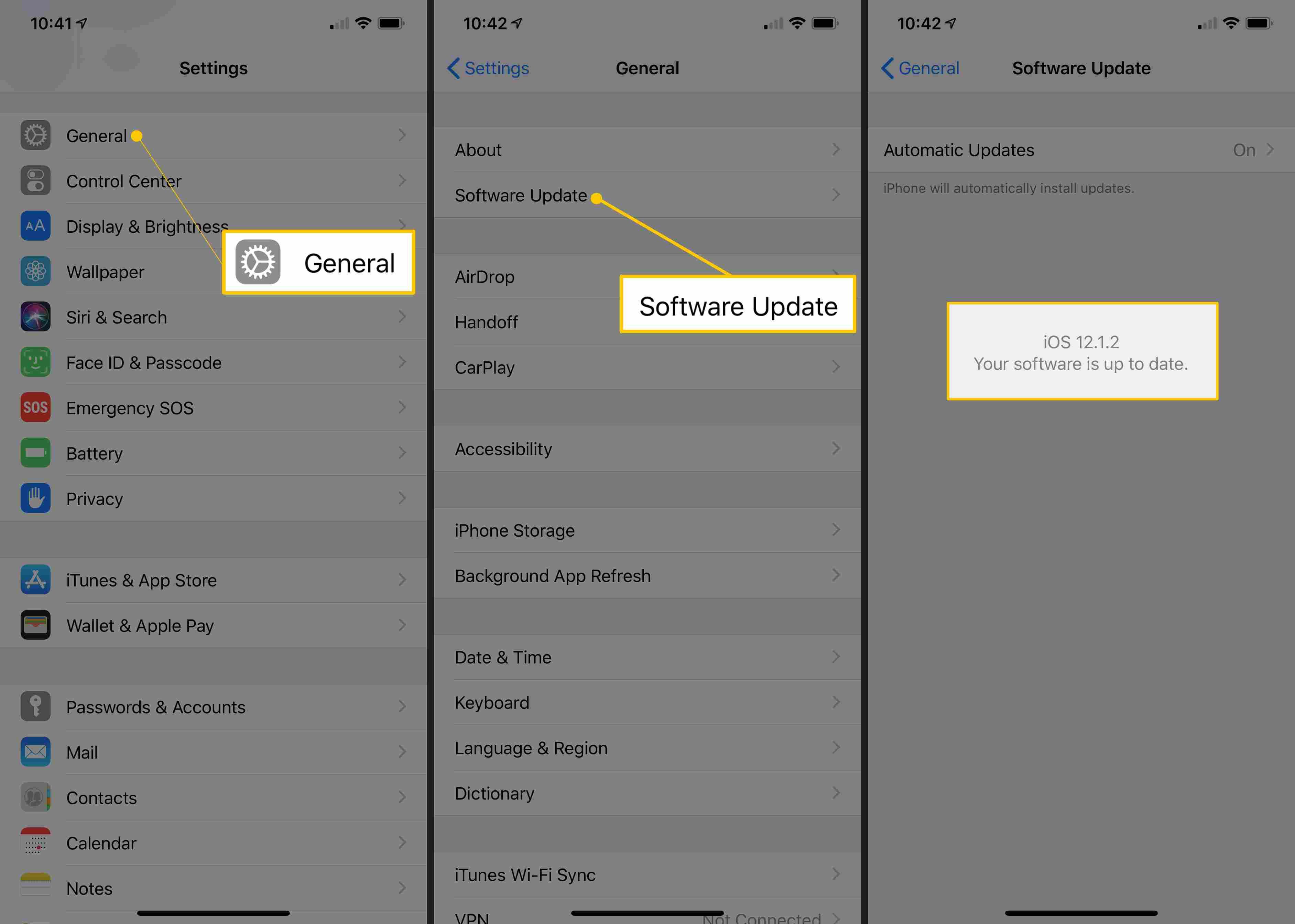 Экраны iOS, показывающие General, Software Update и iOS 12.1.2