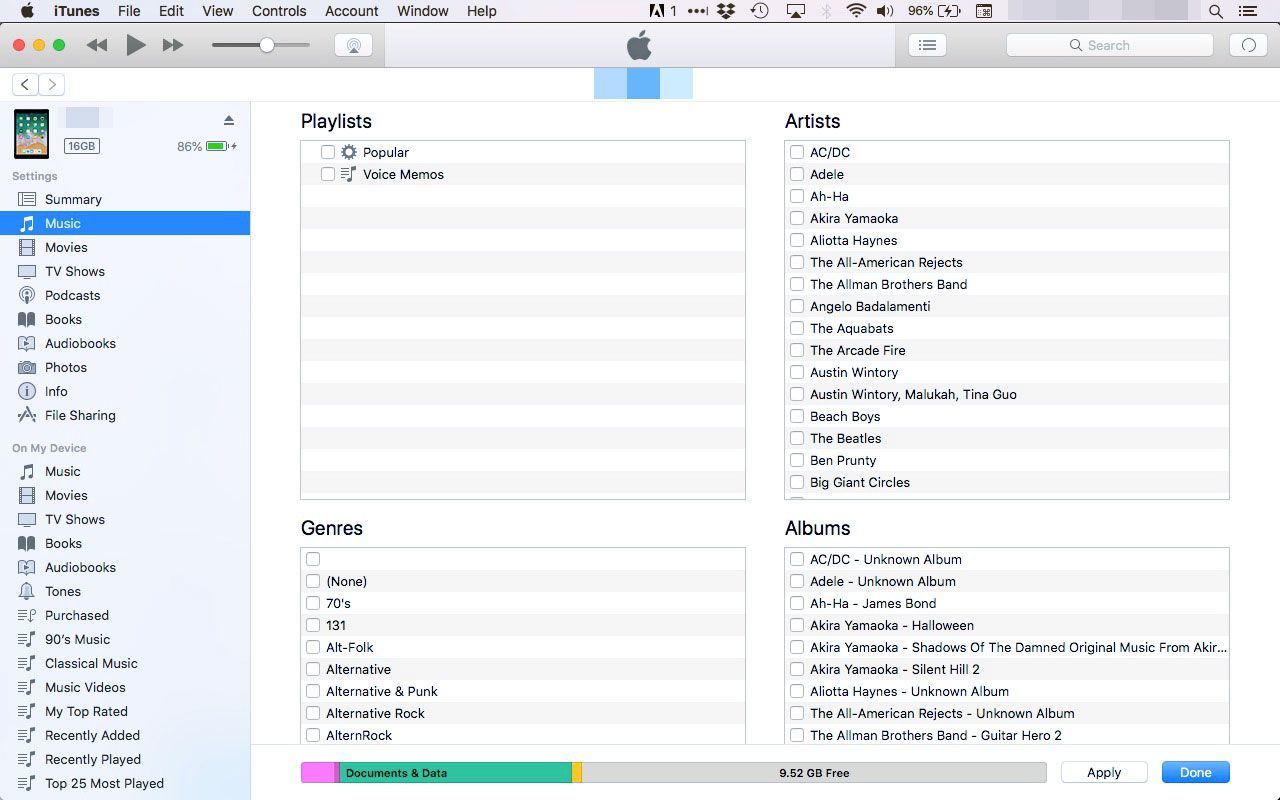 Элементы для синхронизации с iPad в iTunes