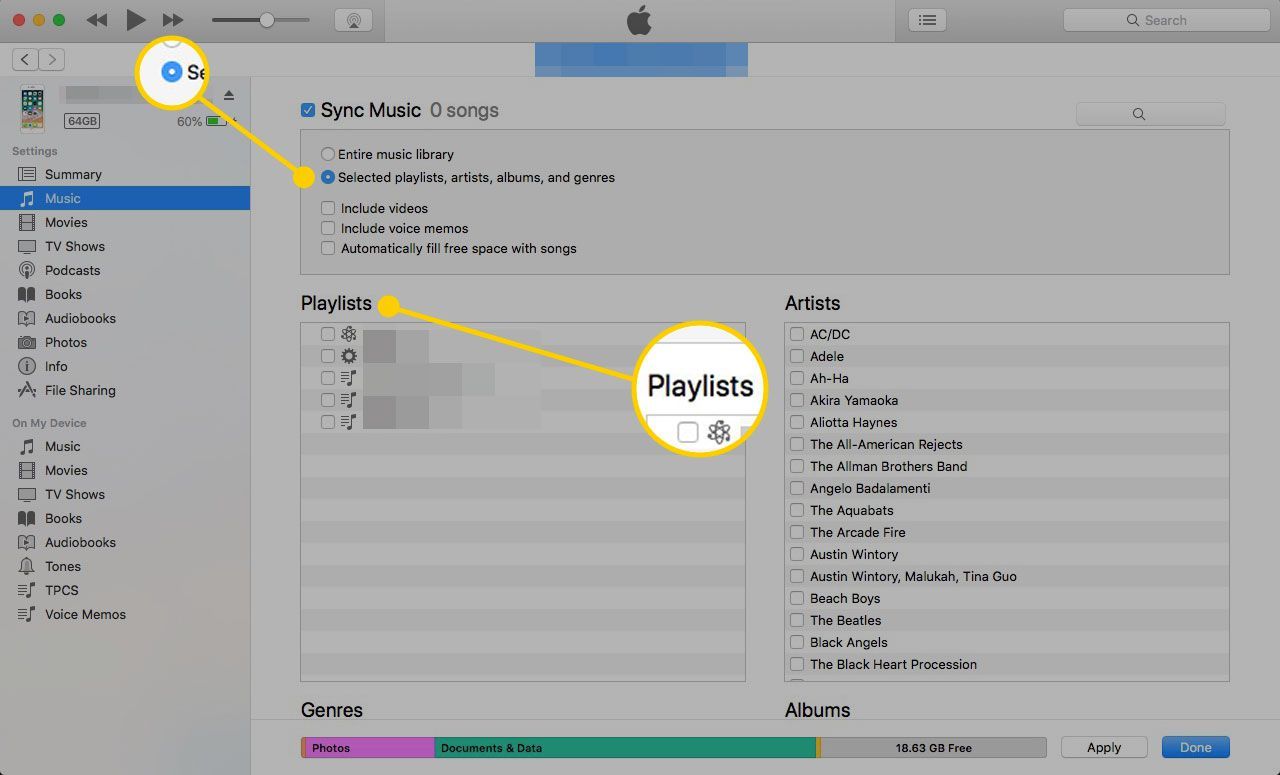 Музыкальный экран в iTunes с выделенной кнопкой «Выбранные плейлисты»