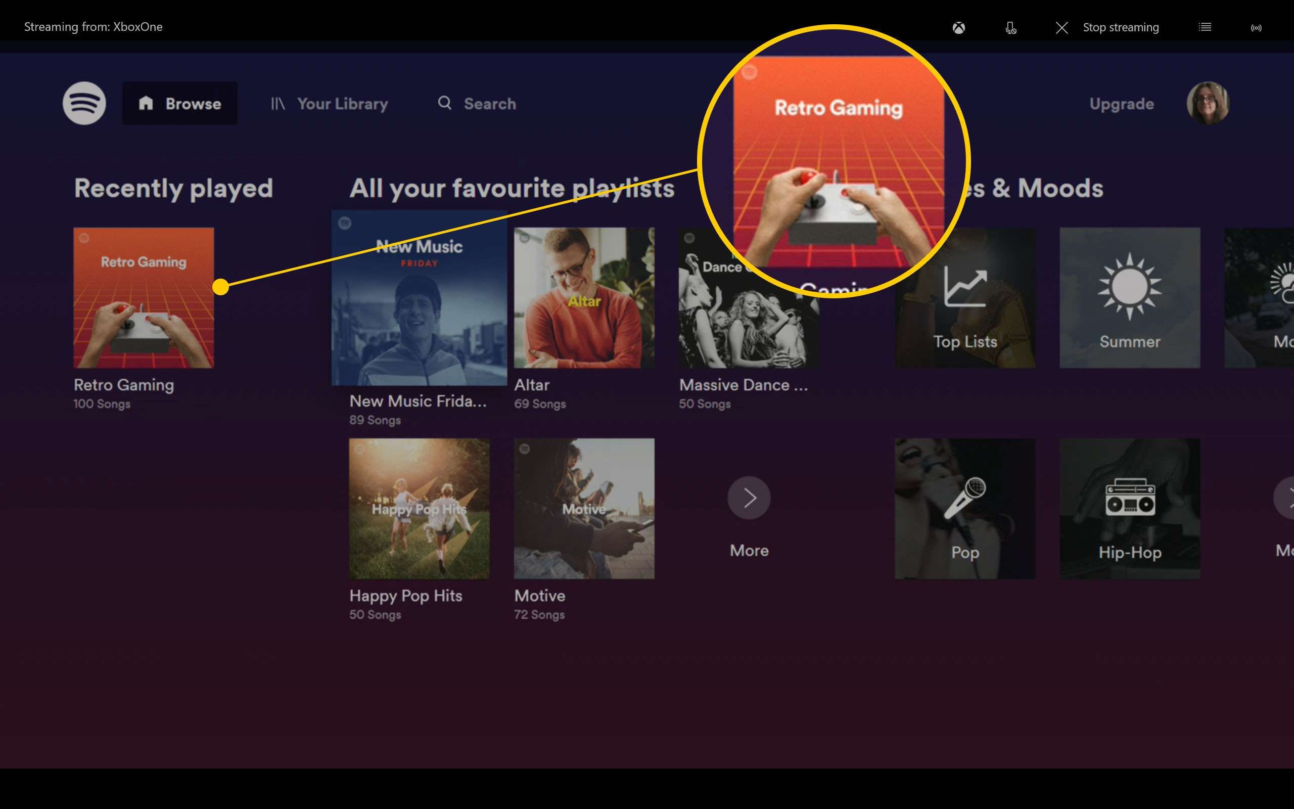 Xbox One's Spotify app with playlists highlighted