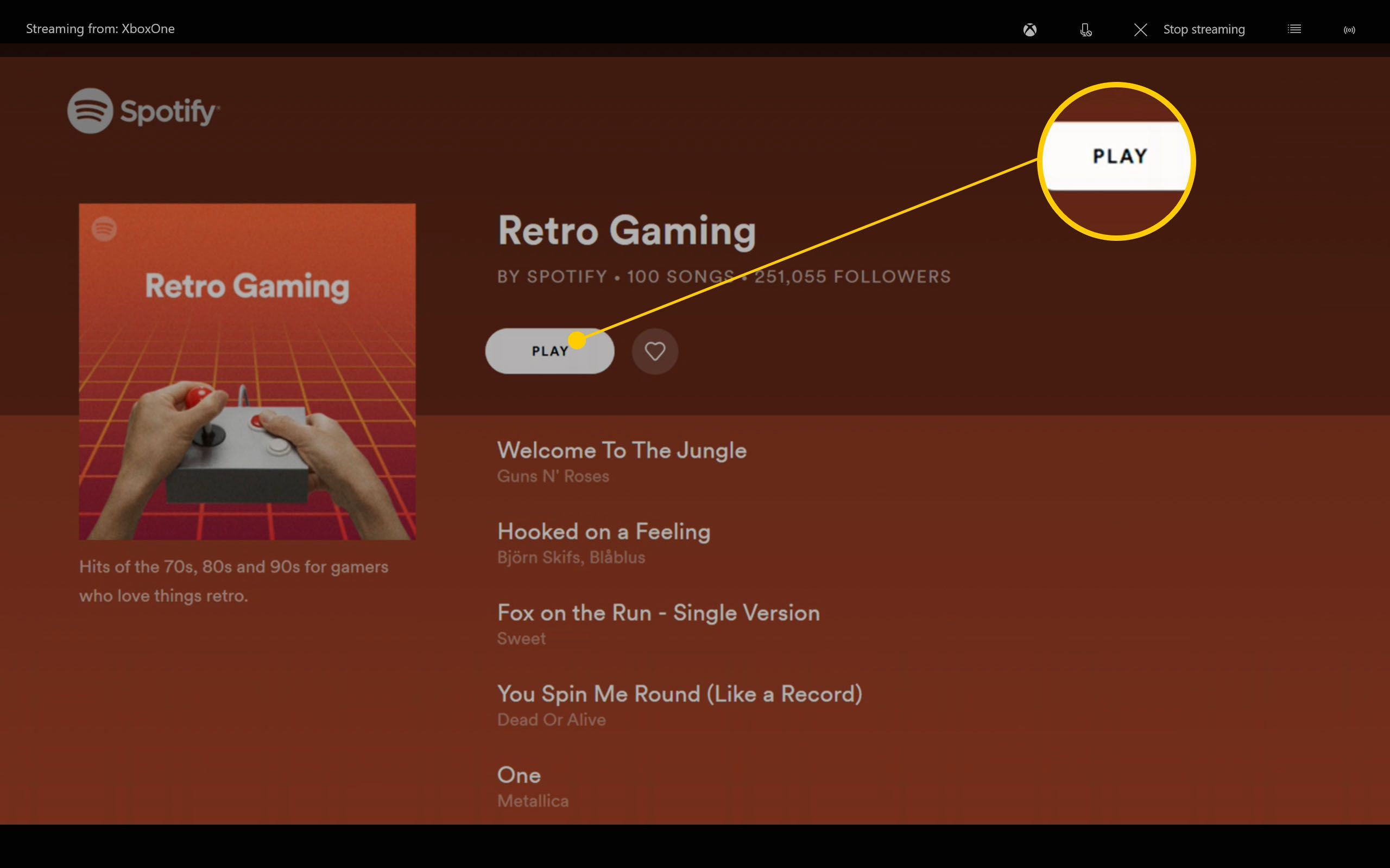 Приложение Xbox One Spotify с выделенным плейлистом