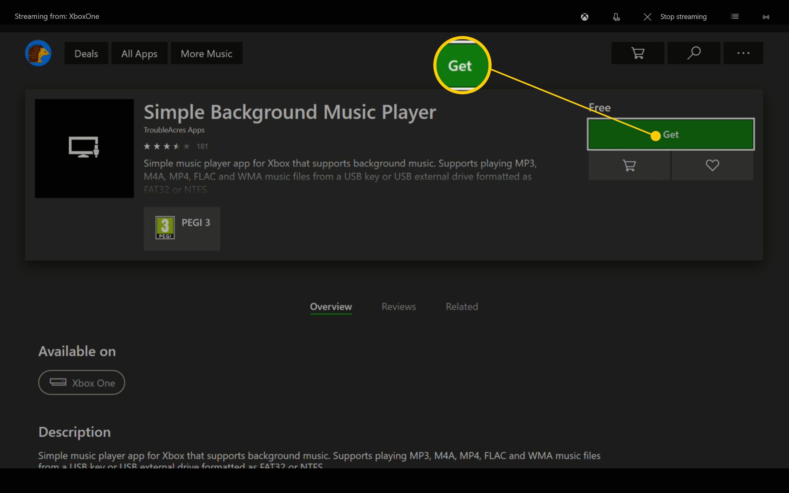 Магазин Xbox One с'get' button highlighted for purchases