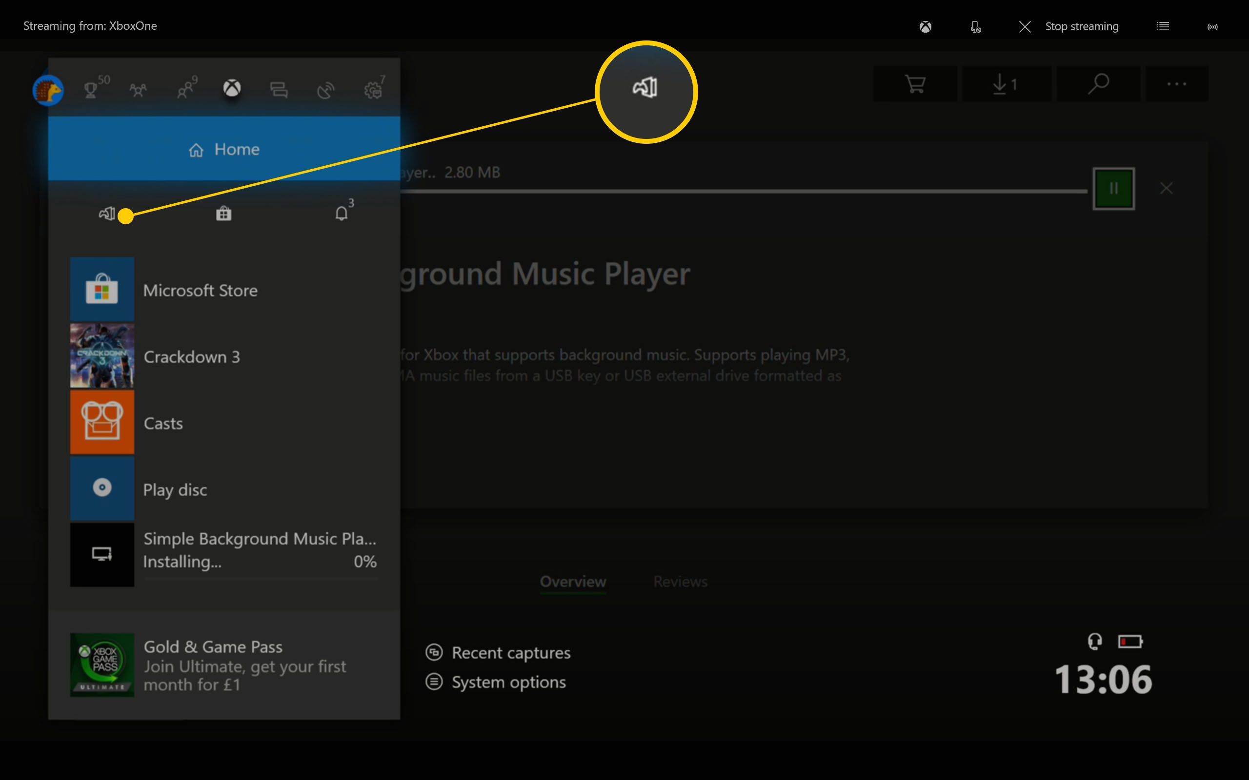Панель инструментов Xbox One с выделенными пунктами «Мои игры и приложения»
