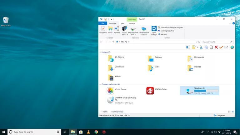 Windows 10 показывает свободное место на C