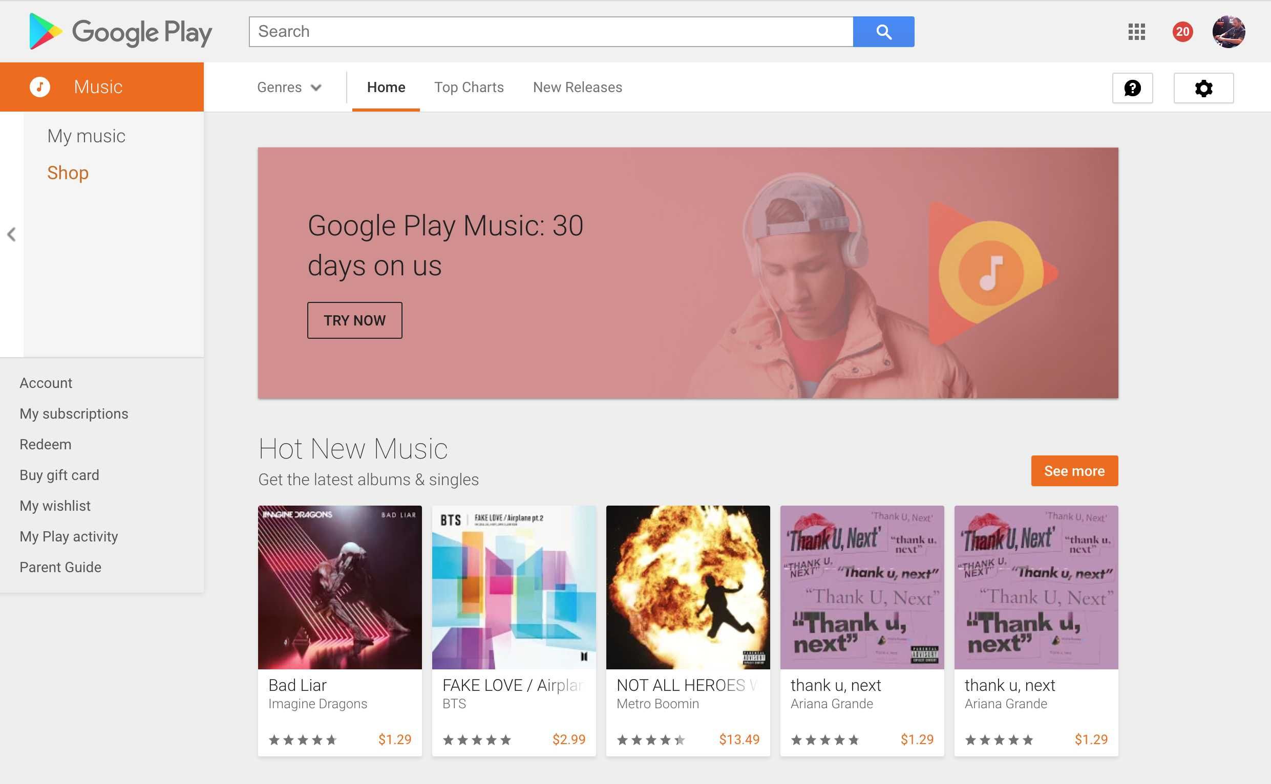 Главная страница Google Play Music