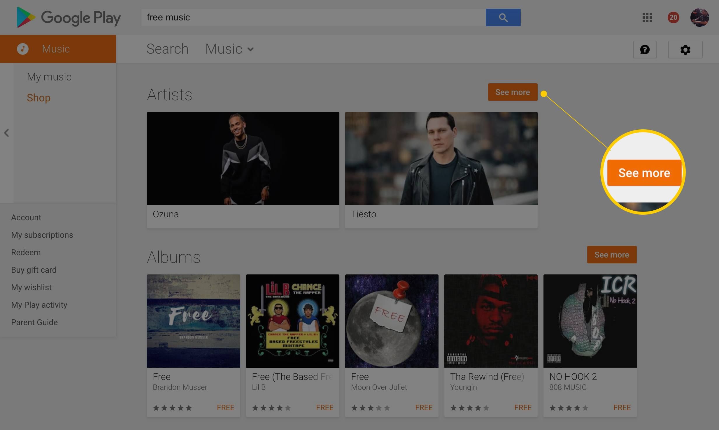 Кнопка «Посмотреть больше» на странице бесплатной музыки в Google Play Music