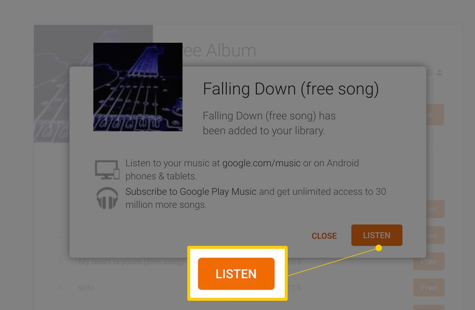 Кнопка «Прослушать» в бесплатном детальном представлении альбома в Google Play Music