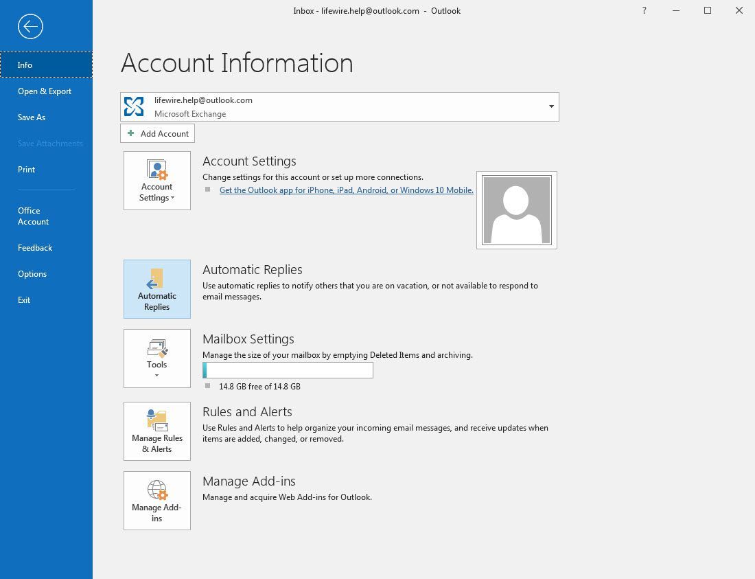 Информационный экран Outlook 2016 с выбранными автоматическими ответами