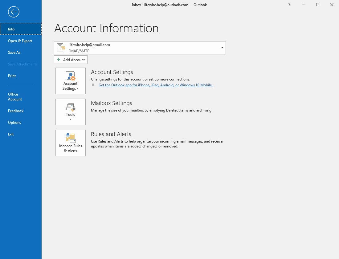 Экран информации учетной записи Outlook 2016